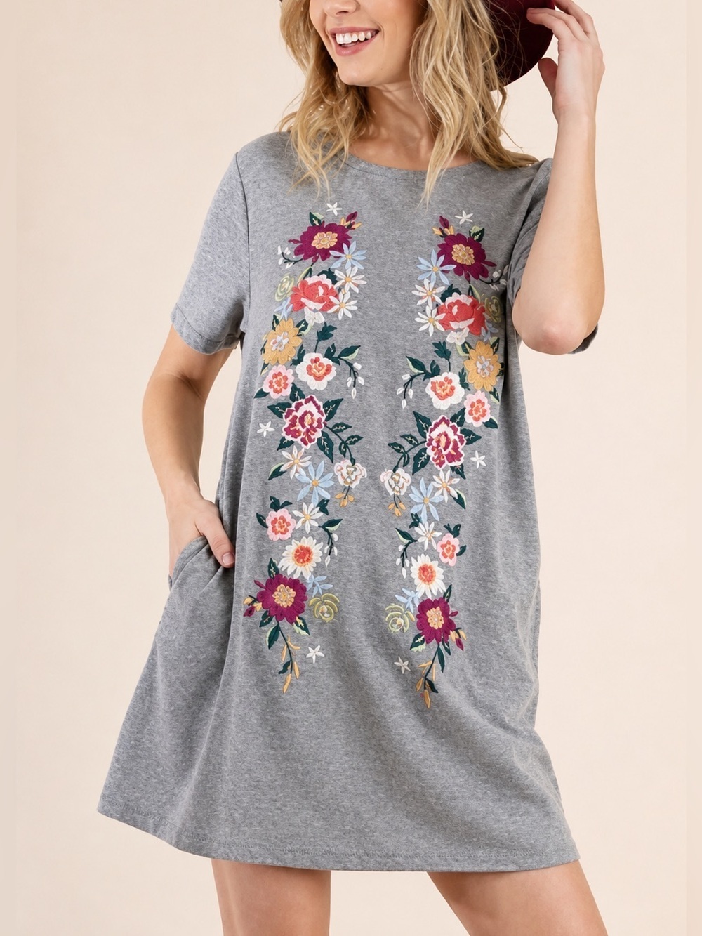 Umgee Gray Colorful Floral Embroidered T Shirt Cotton Blend Dress Size small